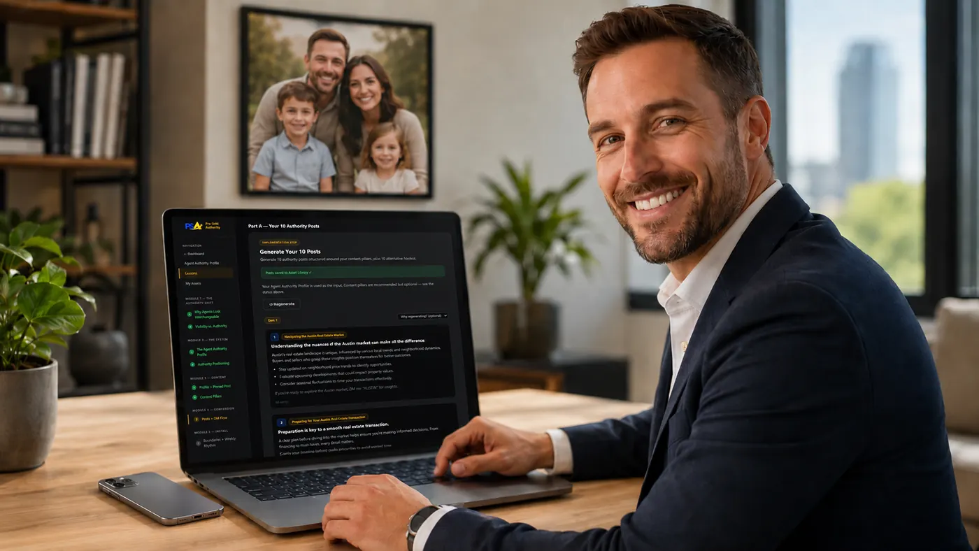 A real estate agent reviewing his generated authority posts inside the Pre-Sold Authority platform
