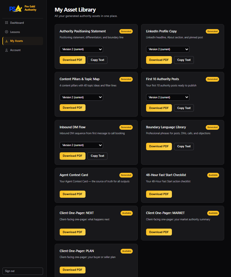 The Pre-Sold Authority System asset library showing saved outputs